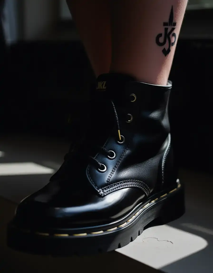 Bottine noire cuir à lacets style militaire