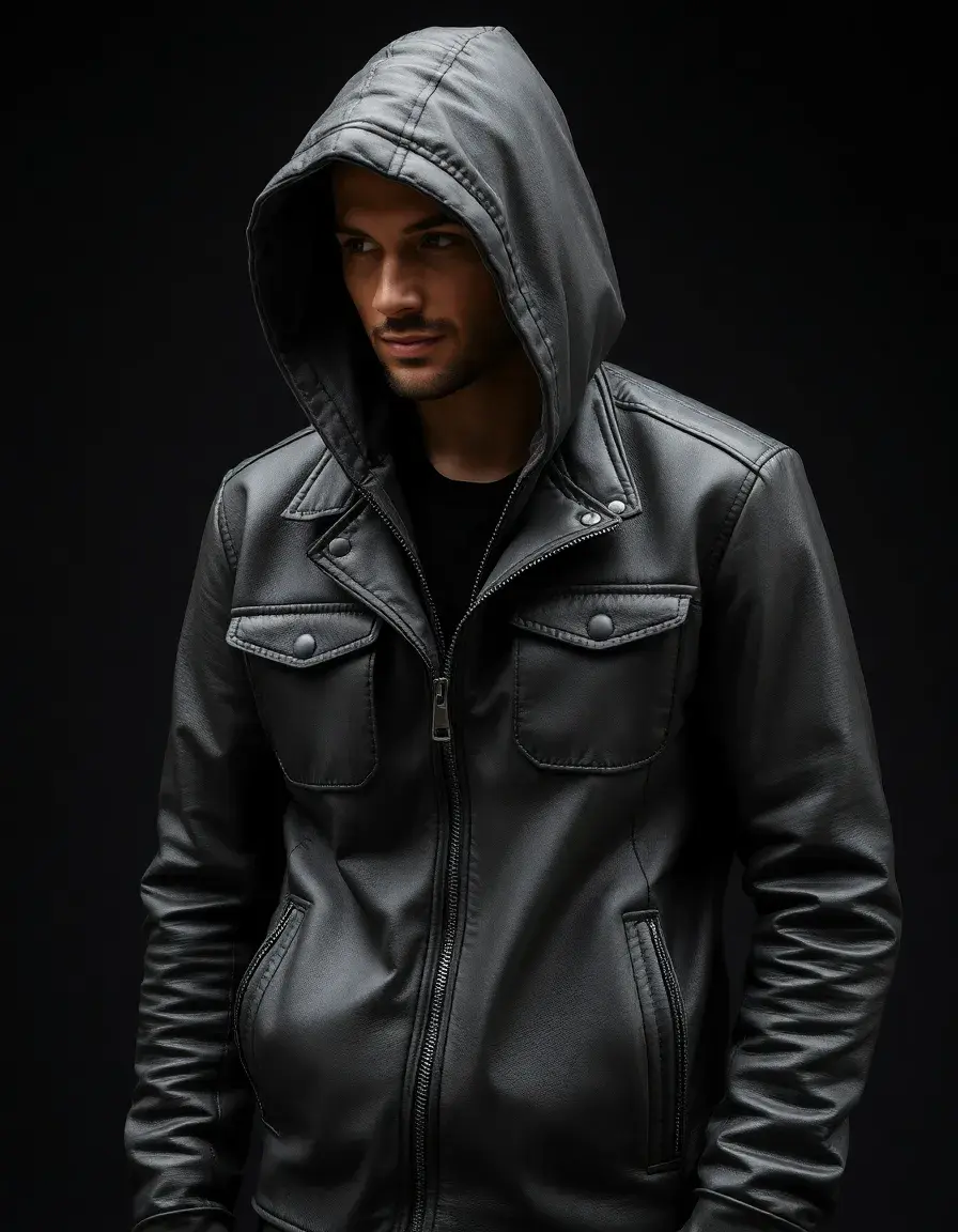 Veste cuir homme grise avec capuche style urbain décontracté