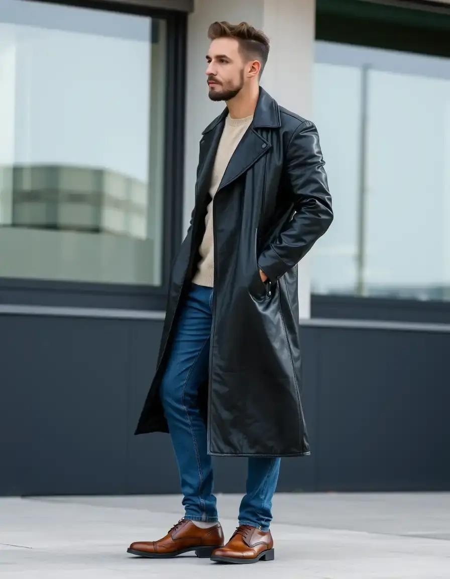 Manteau long cuir homme noir élégant pour l'hiver