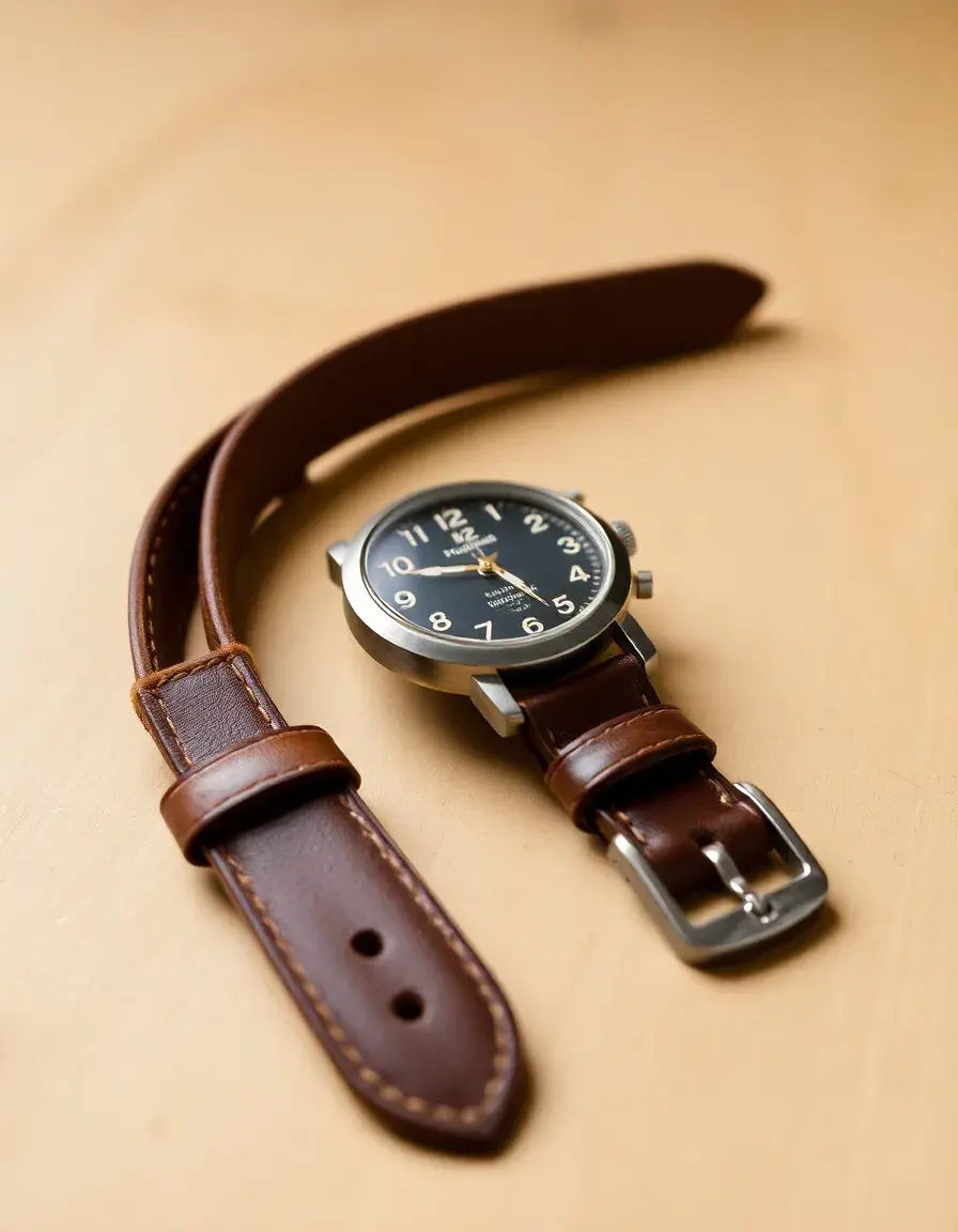 Bracelet montre cuir vintage marron avec surpiqûres