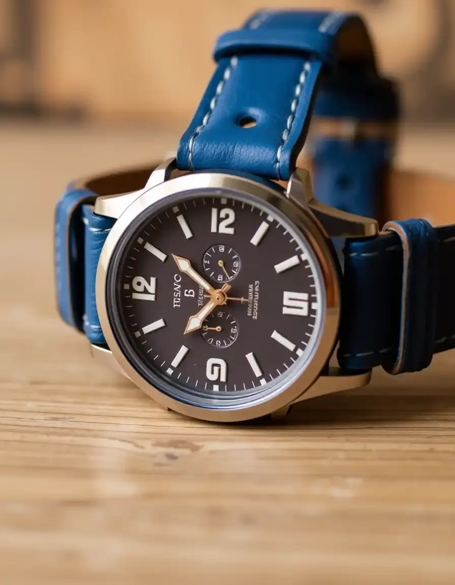 Bracelet montre type NATO en cuir bleu