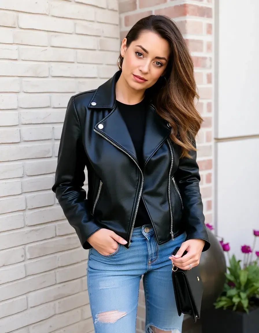 Veste en simili cuir noire style motard élégante