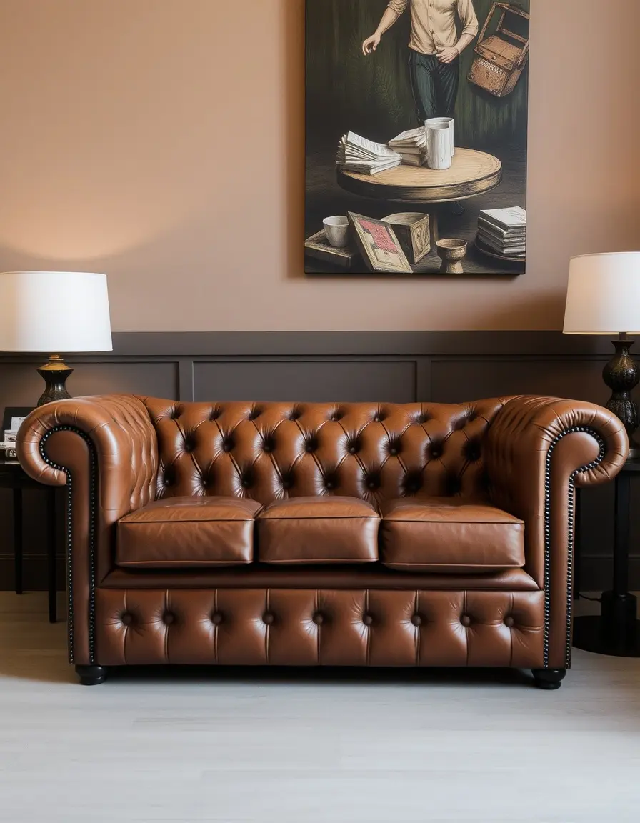 Canapé Chesterfield classique en cuir marron capitonné