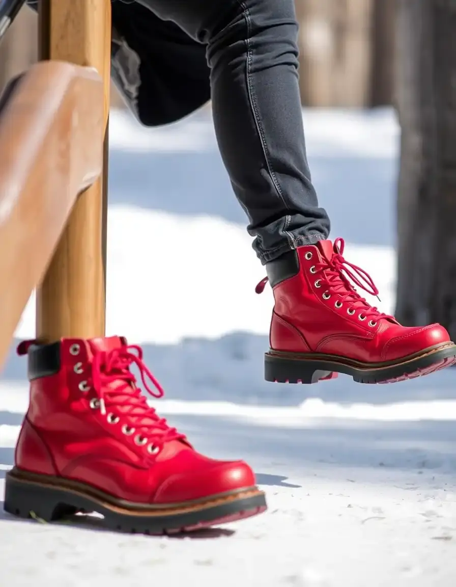 Boots en cuir robuste rouge pour homme style baroudeur