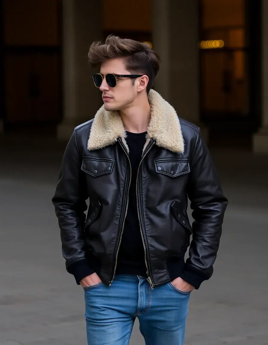 Blouson aviateur cuir et laine de mouton