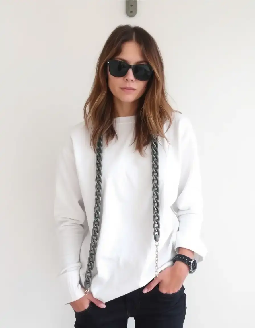Collier cuir gris avec détails chaîne