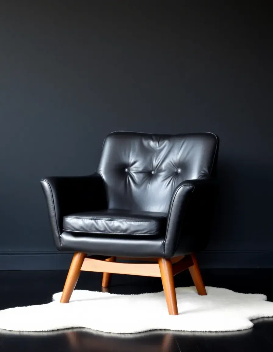 Fauteuil en cuir noir avec pieds en bois design