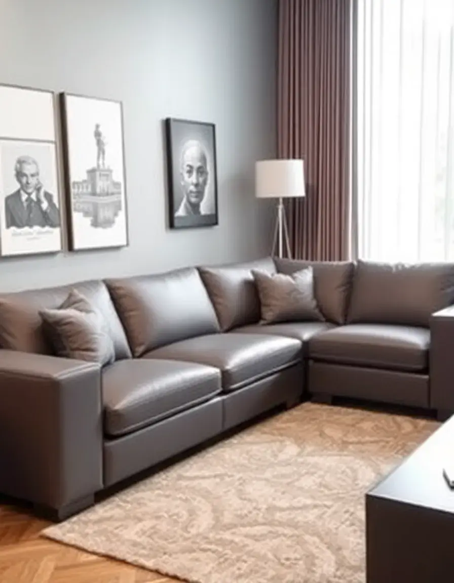 Grand canapé d'angle en cuir gris design contemporain
