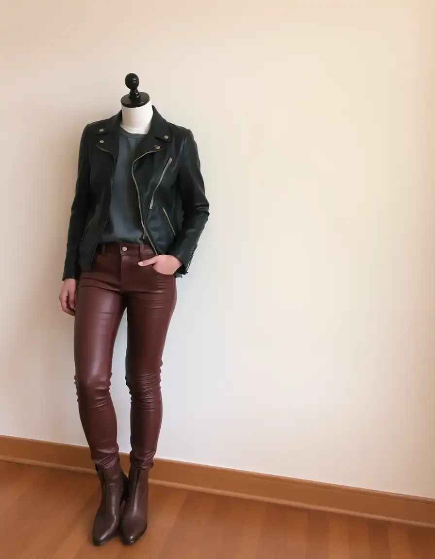Pantalon cuir skinny marron ajusté pour femme