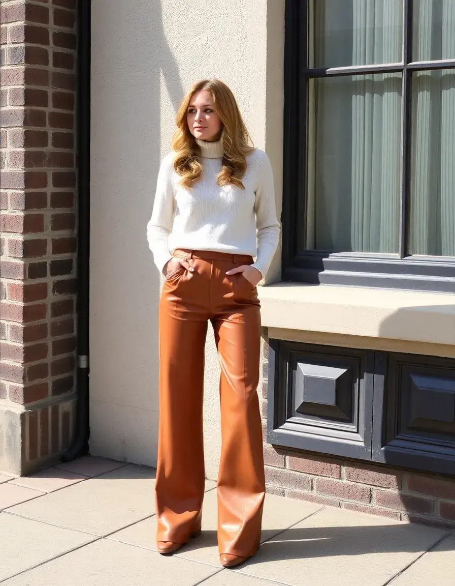 Pantalon cuir large couleur fauve style bohème chic