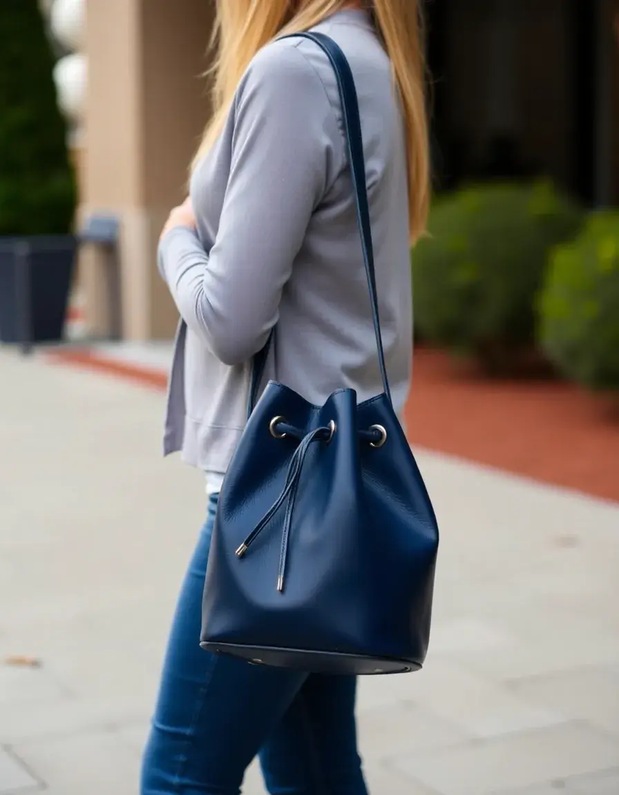 Sac seau en cuir bleu marine profond