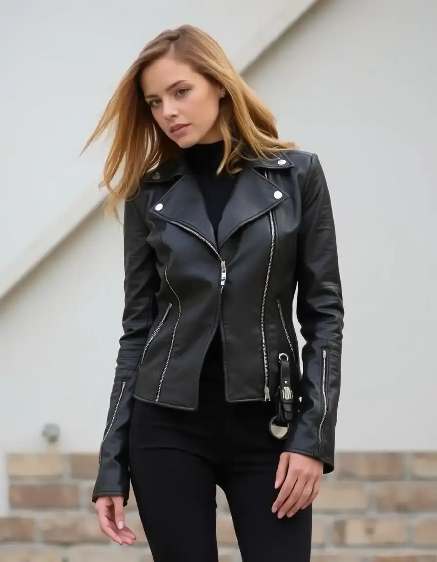 Veste biker en cuir vegan noir avec détails métalliques