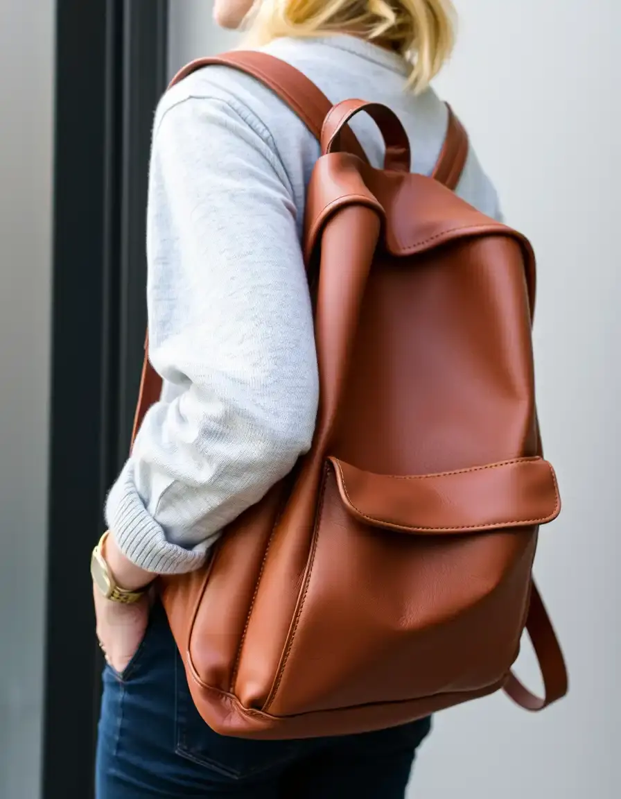 Sac à dos en cuir vegan marron de style minimaliste
