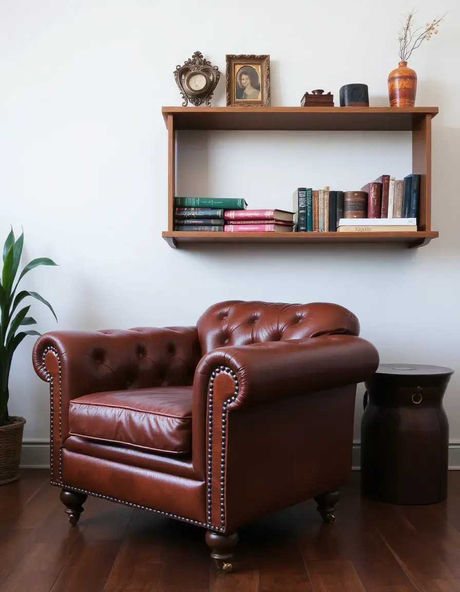 Fauteuil club en cuir marron vintage avec finition cirée artisanale