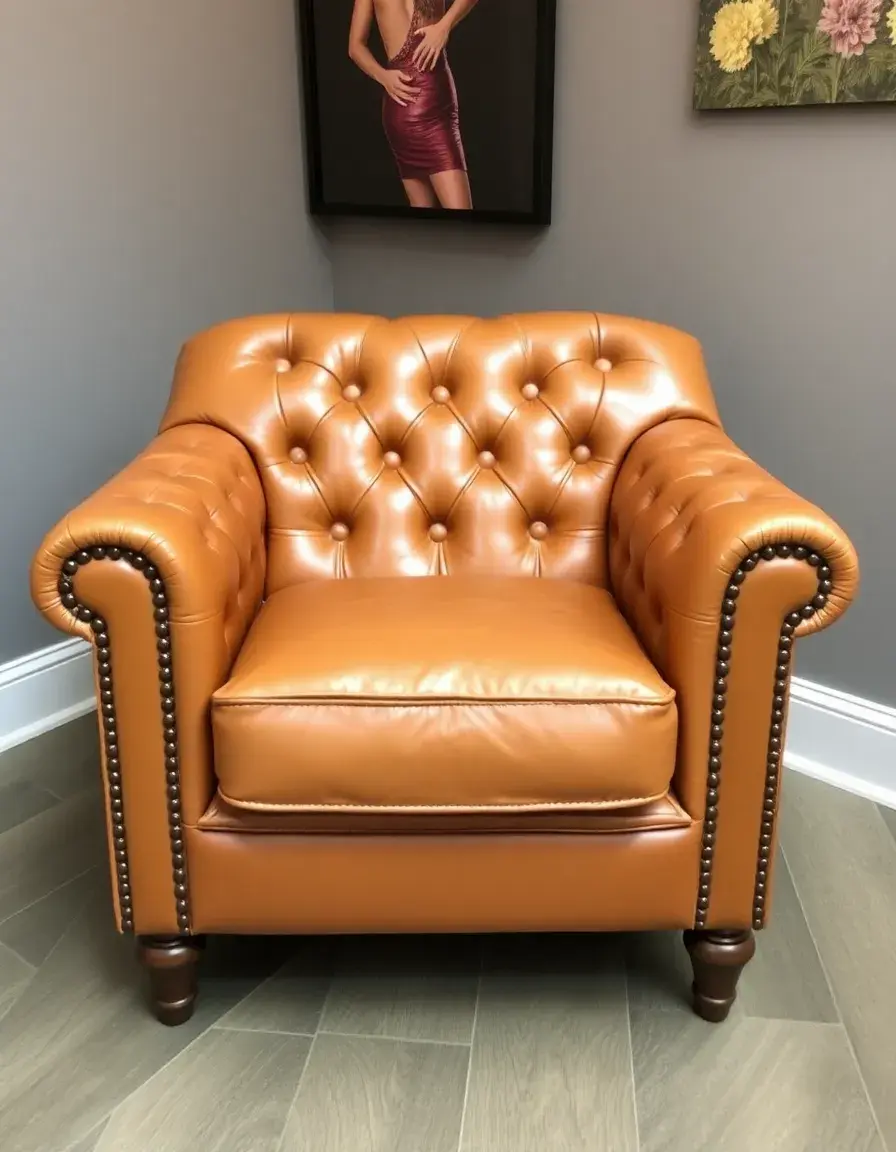 Fauteuil club capitonné en cuir tan avec détails artisanaux