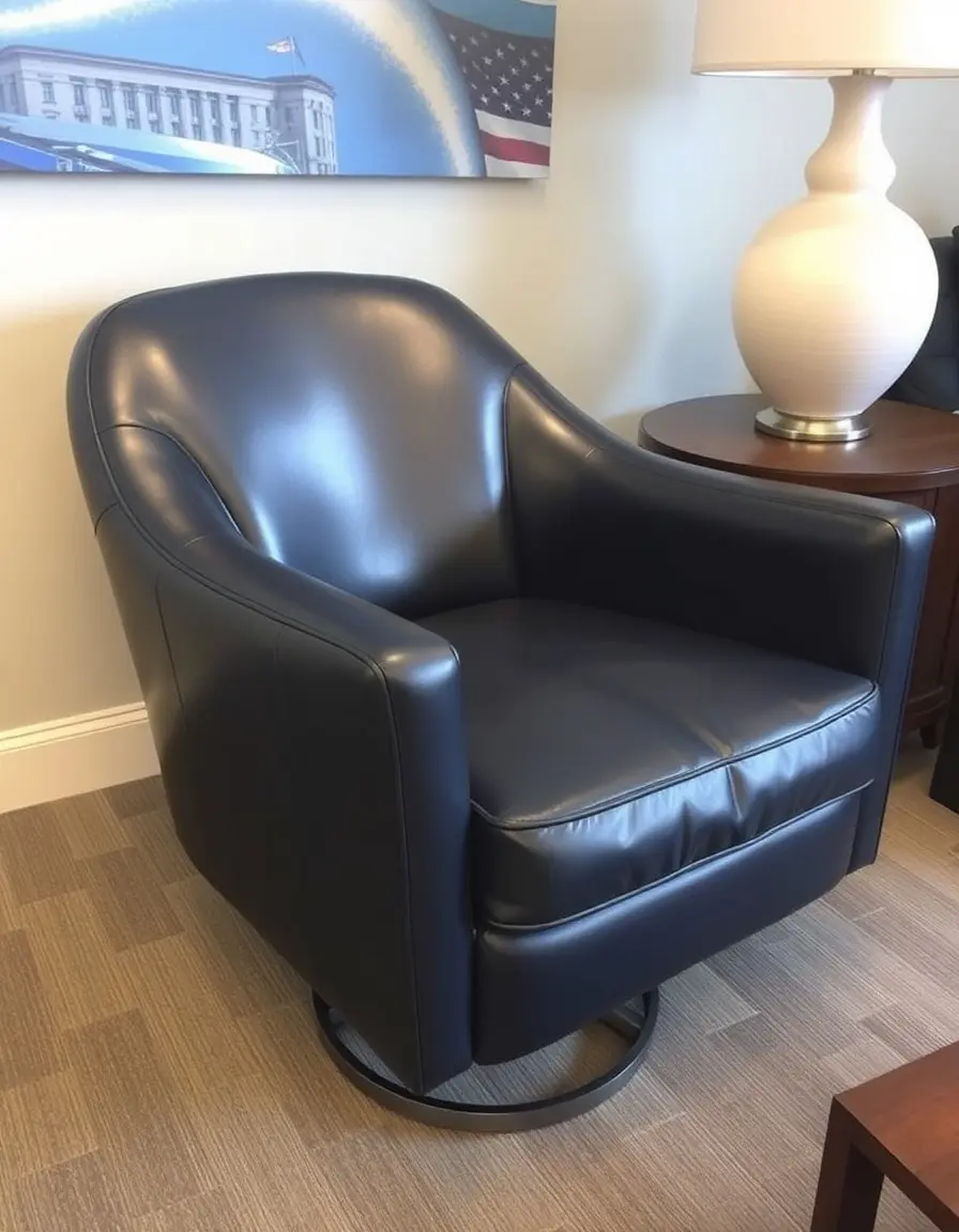 Fauteuil club pivotant en cuir bleu marine