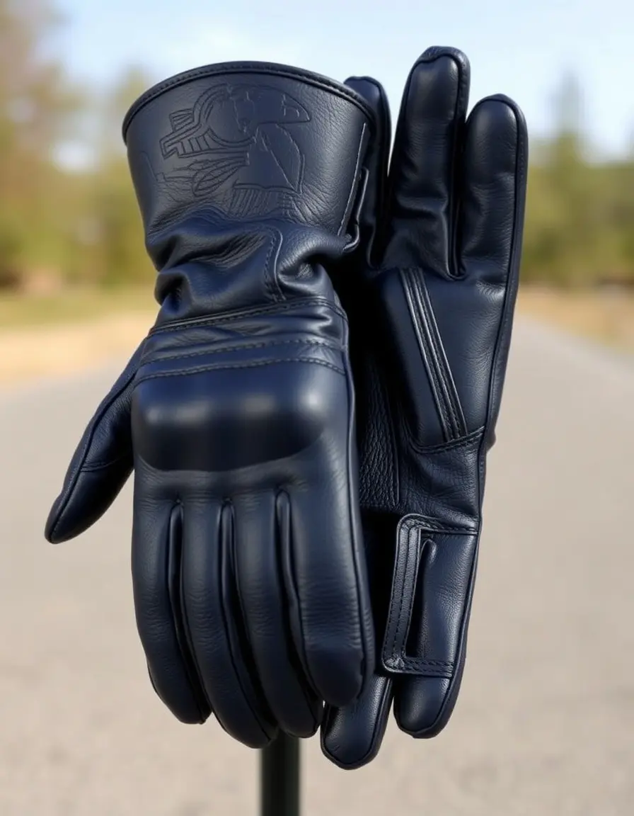 Gants de moto en cuir bleu marine avec protections