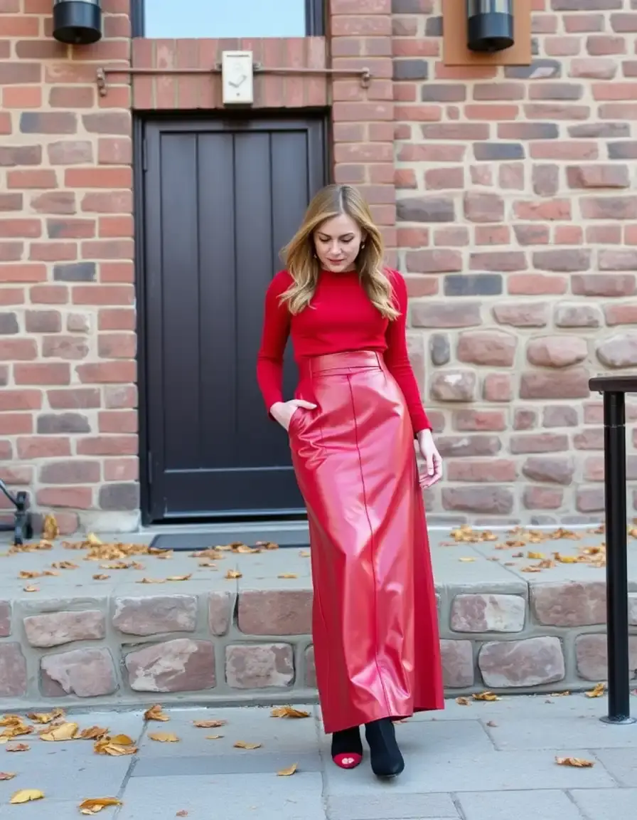 Jupe longue maxi en cuir rouge intense coupe droite
