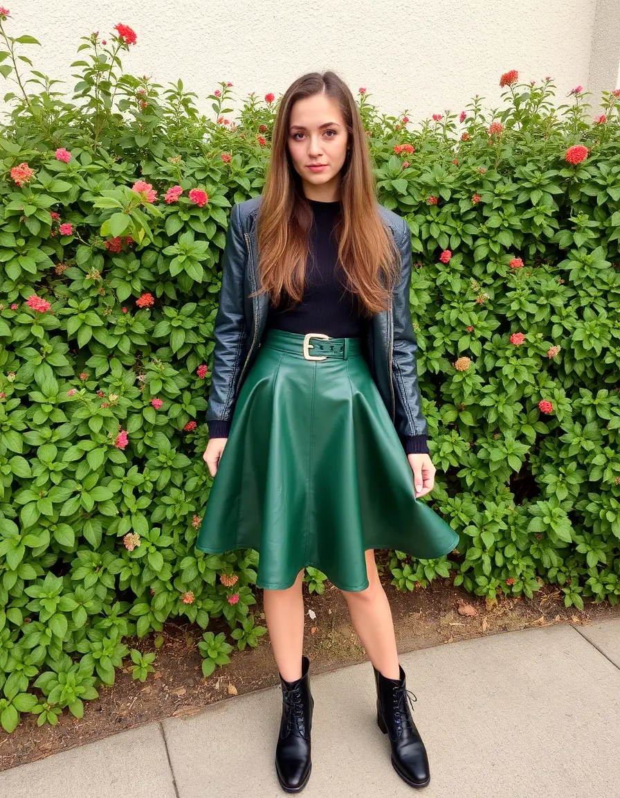 Jupe patineuse en cuir véritable vert forêt