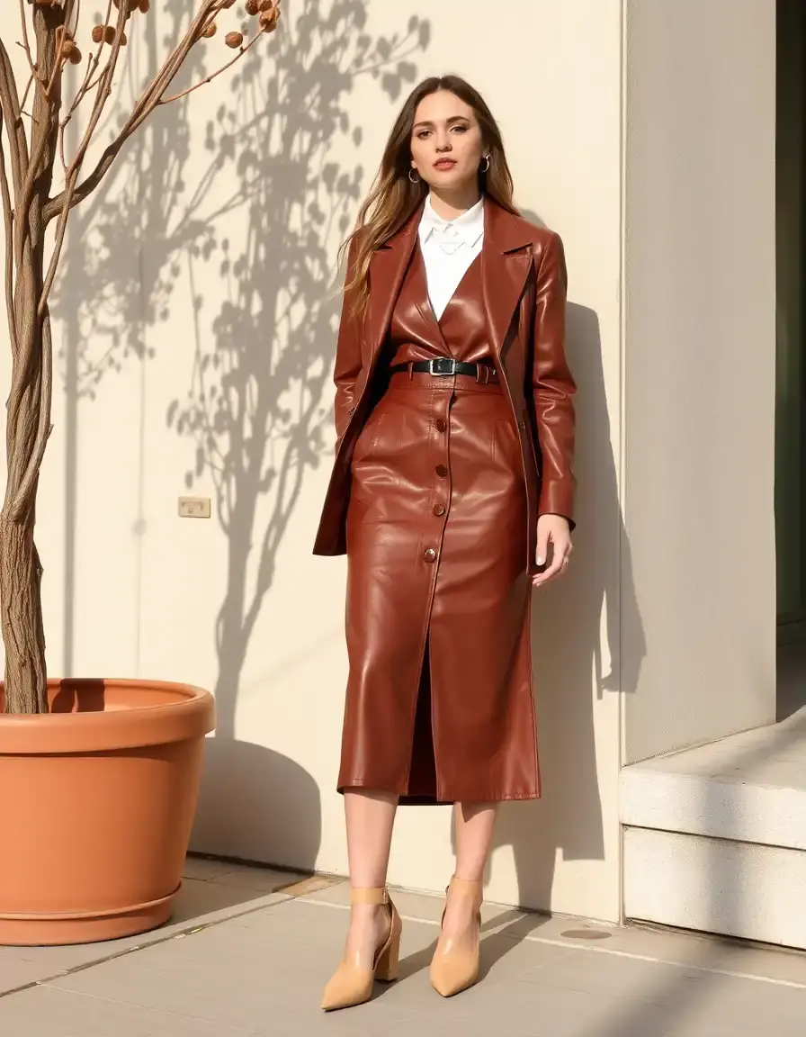 Jupe midi en simili cuir marron élégante pour le bureau