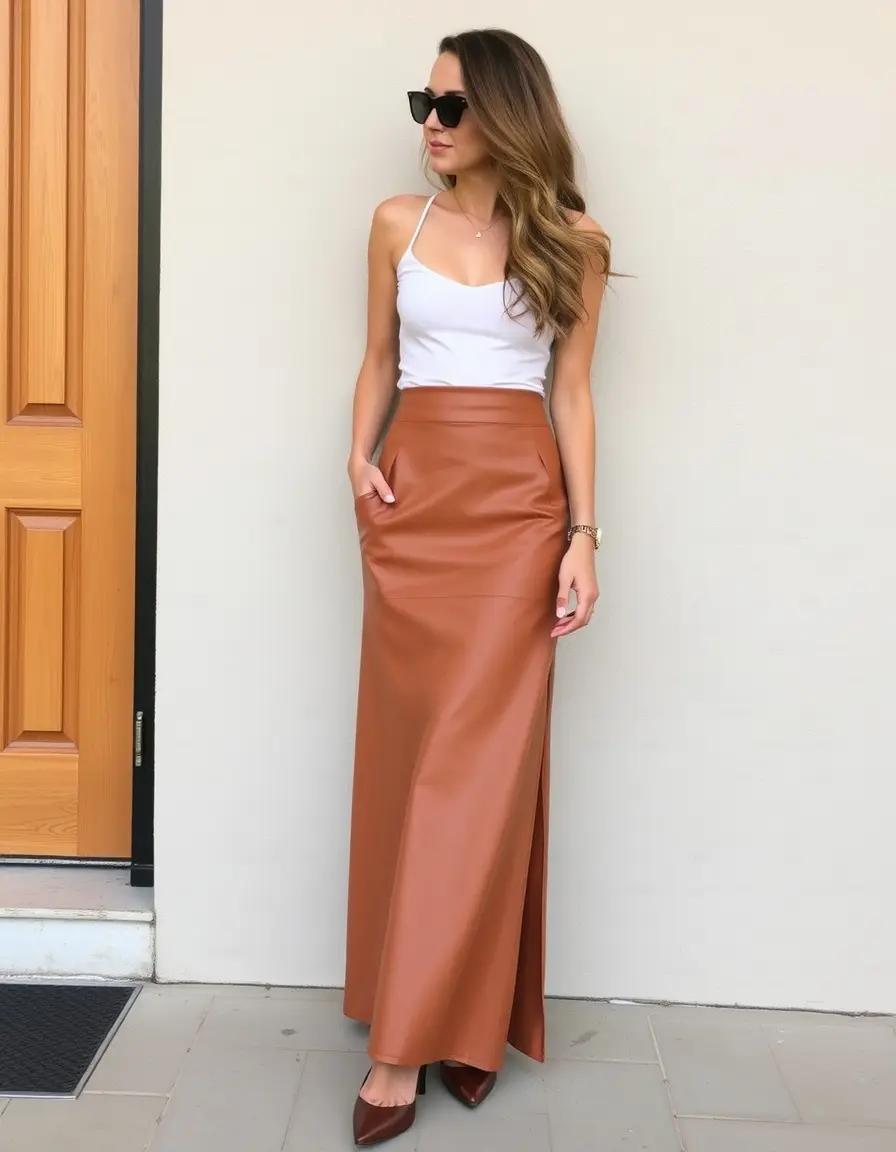 Jupe longue maxi en simili cuir couleur fauve
