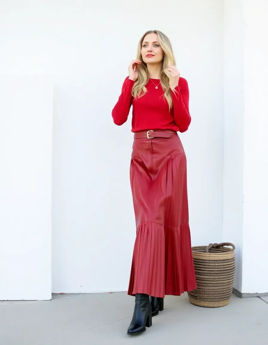 Jupe plissée rouge en simili cuir brillant