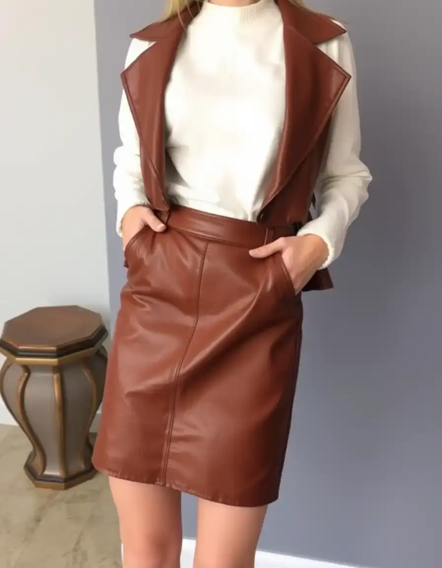 Mini jupe simili cuir marron style vintage