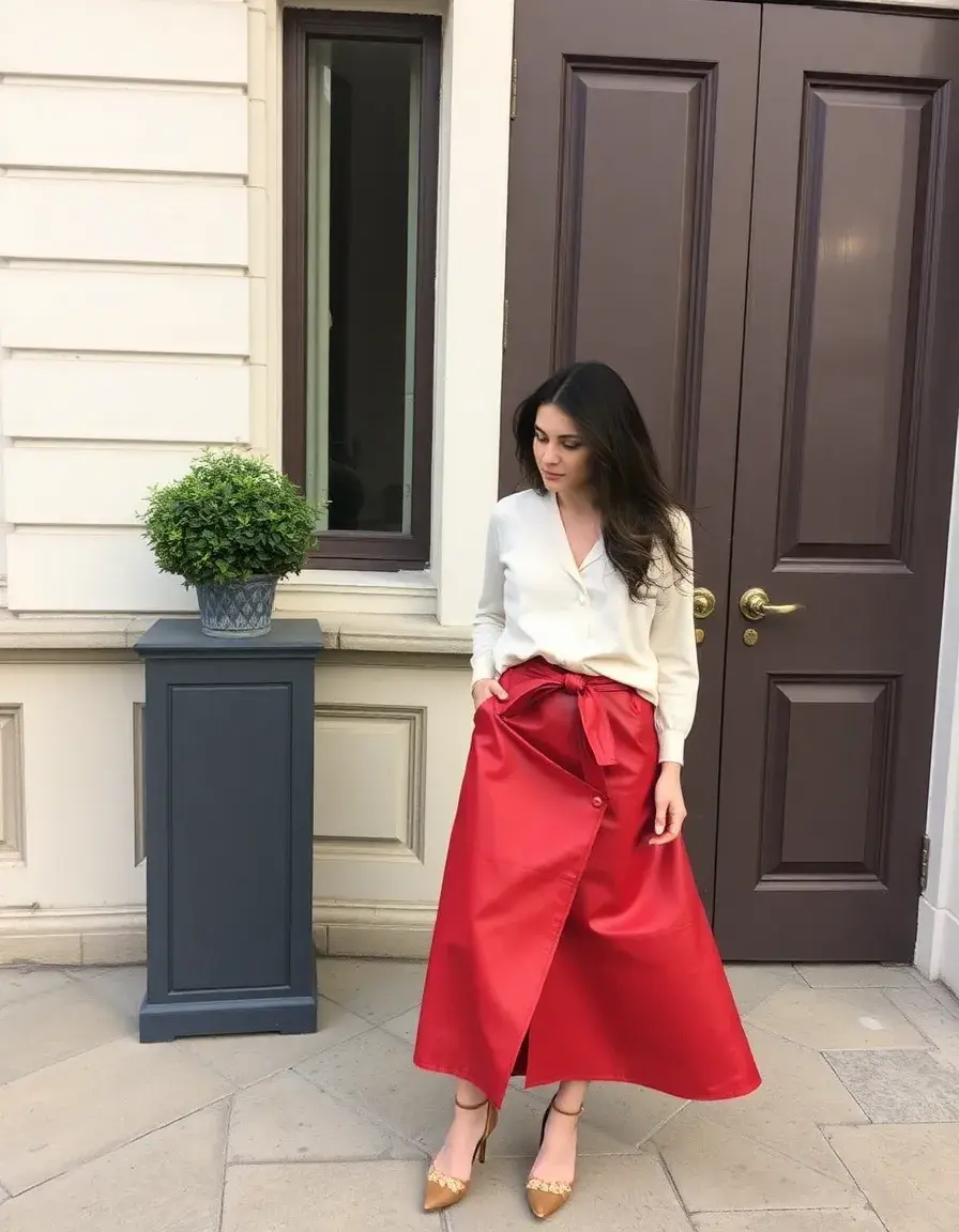 Jupe portefeuille rouge simili cuir éclatant
