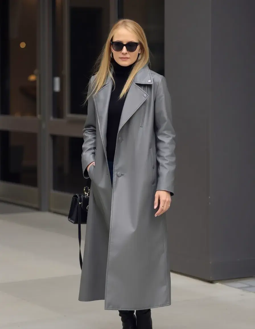 Manteau long cuir gris femme