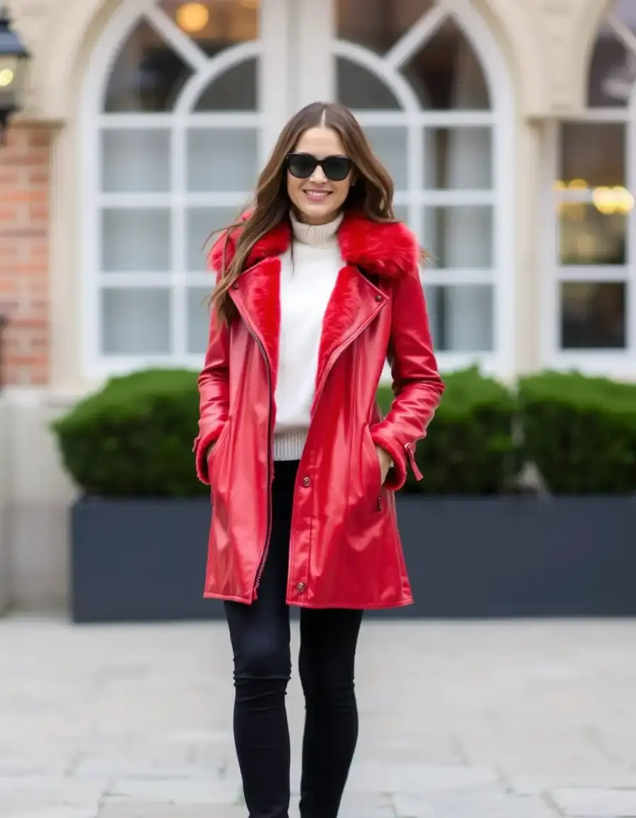 Manteau cuir rouge doublé fourrure femme