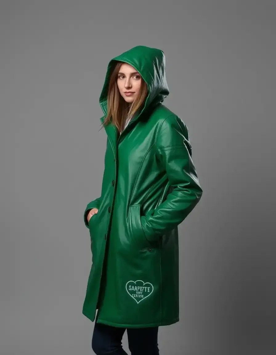 Manteau cuir vert avec capuche femme