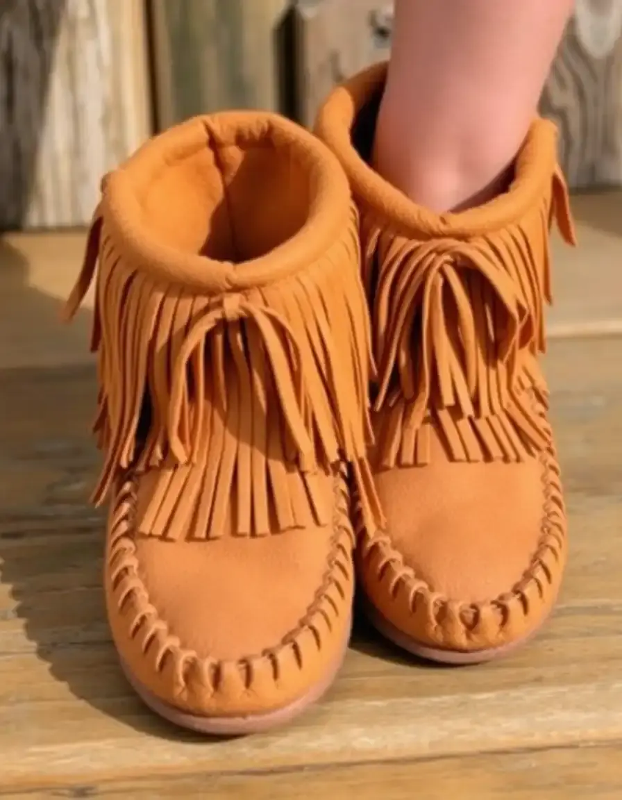 Mocassin cuir camel avec détails frangés