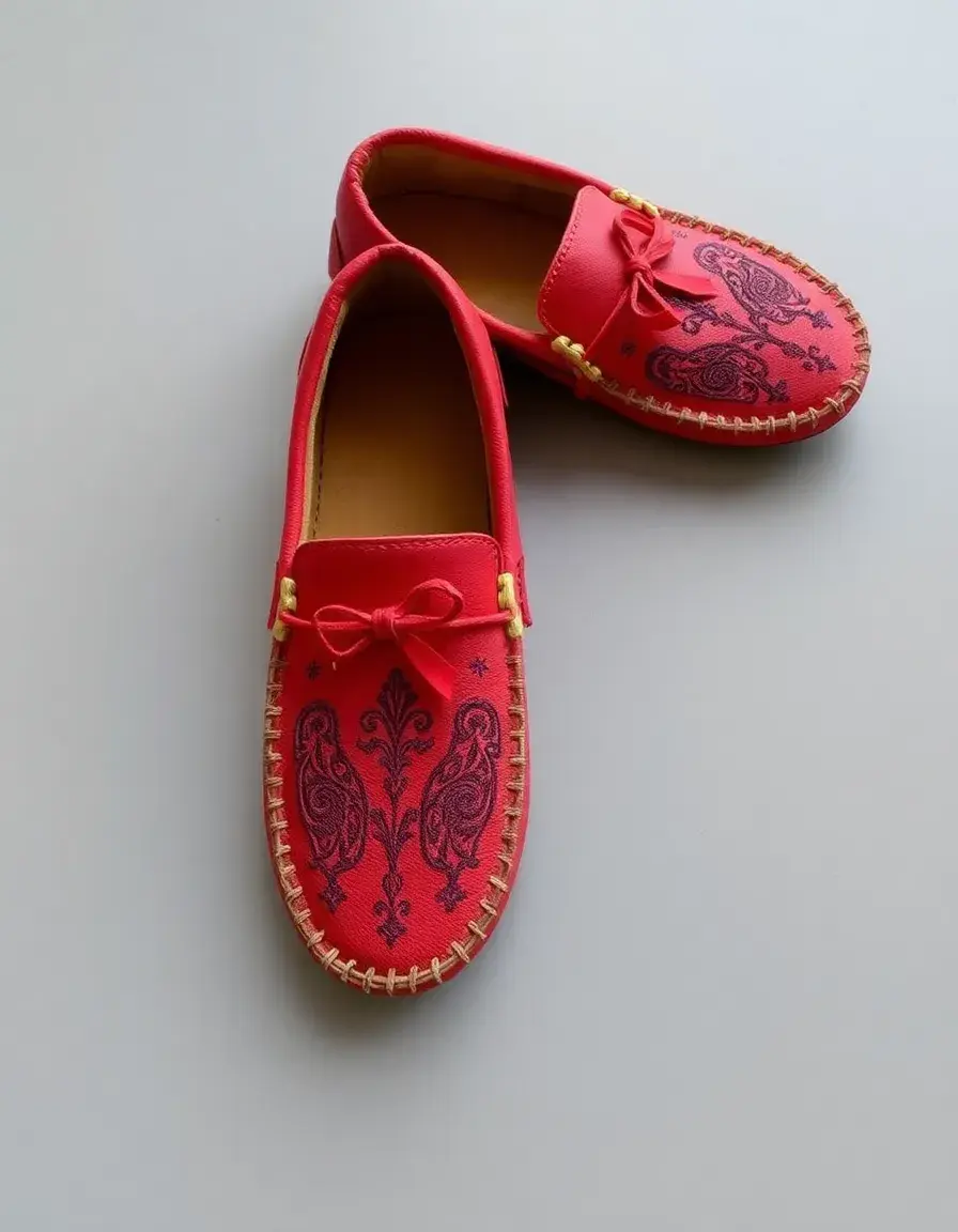 Mocassin cuir rouge avec broderies artistiques