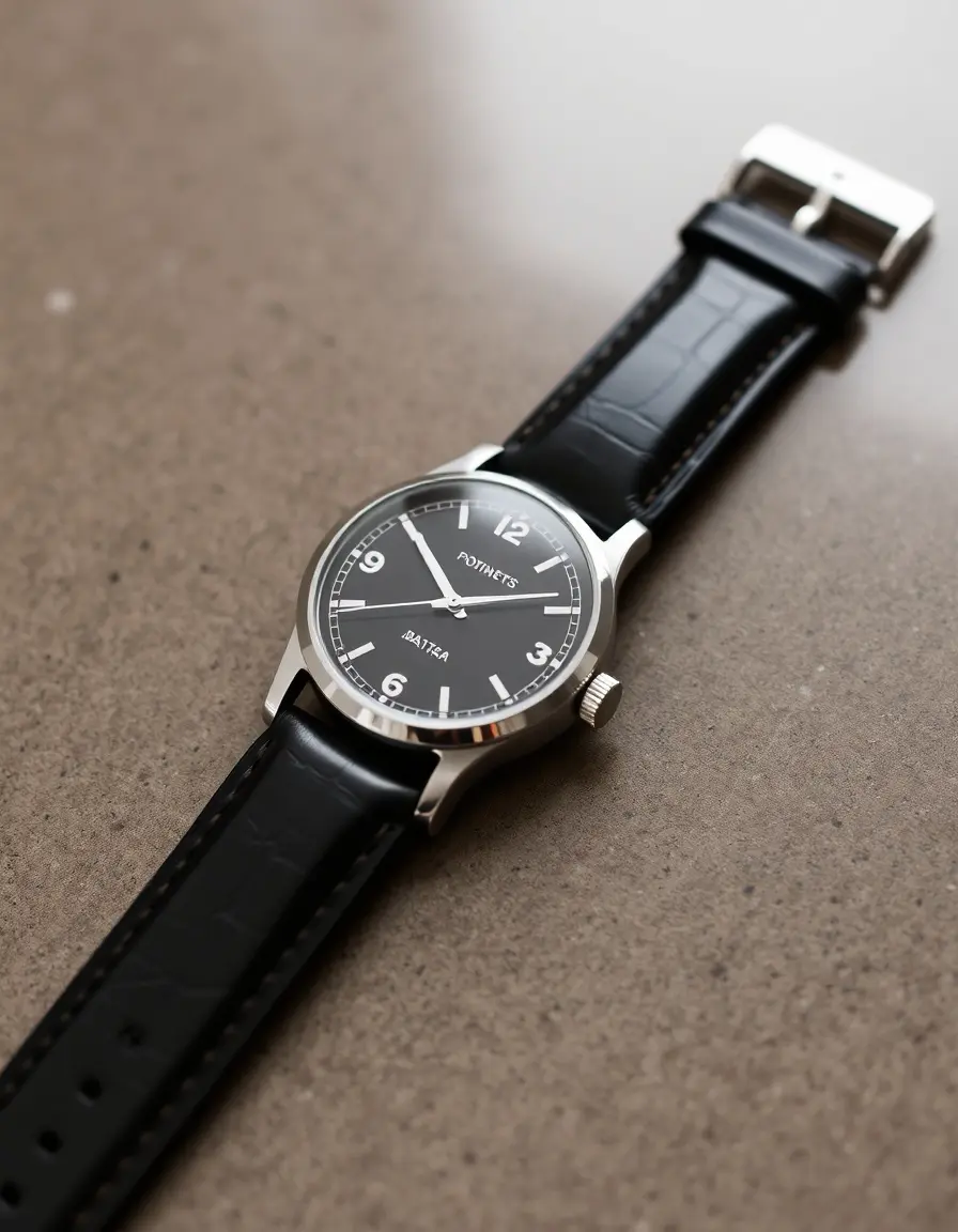 Montre bracelet cuir noir véritable finition lisse