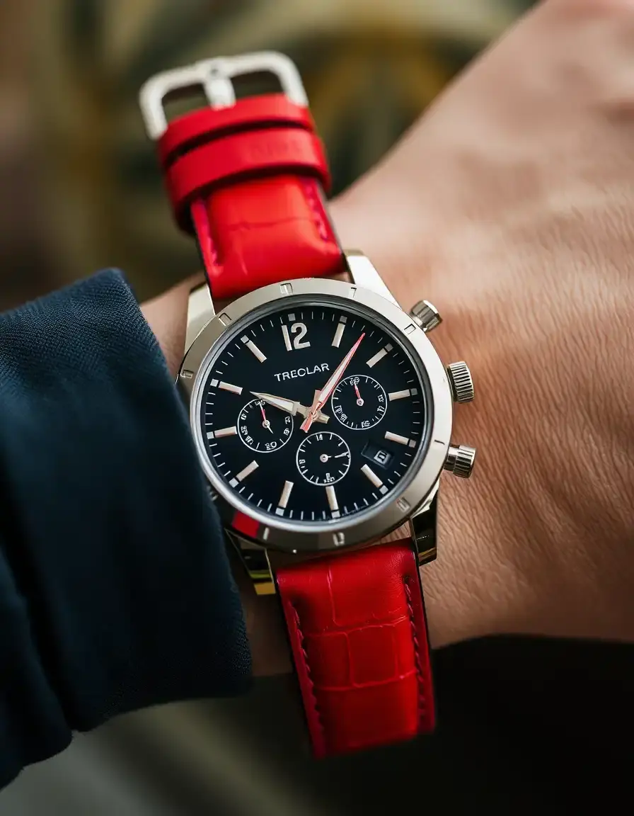 Montre de sport pour homme avec bracelet en cuir rouge vif