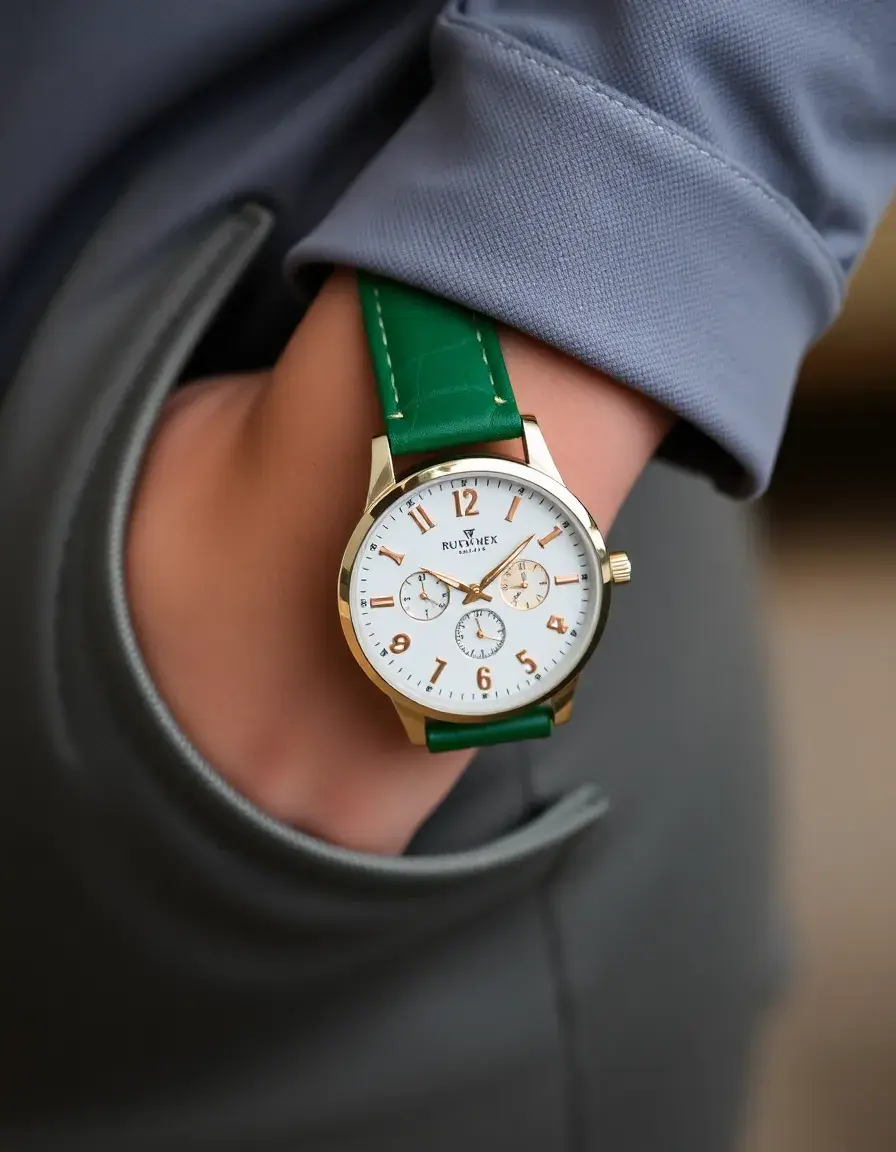 Montre casual homme avec bracelet en cuir vert forêt