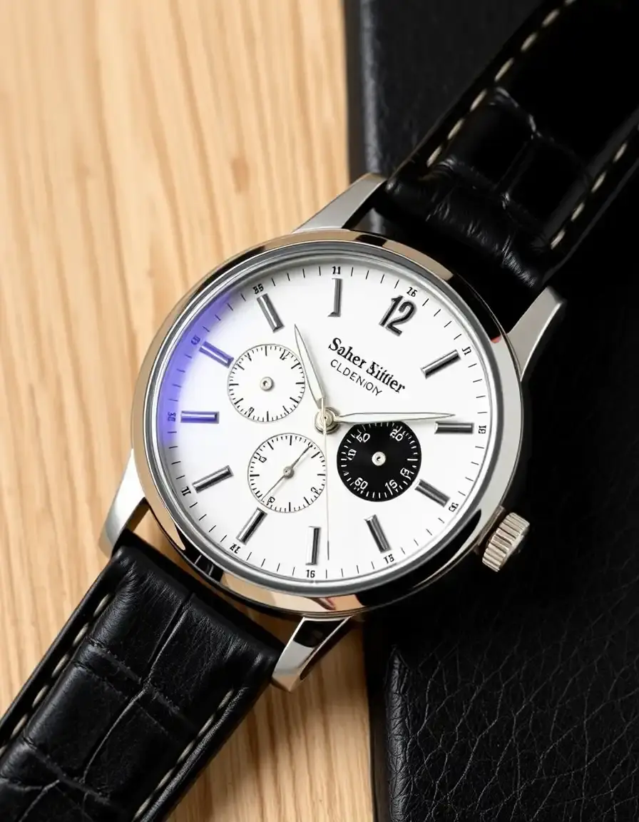 Gros plan sur un bracelet de montre en cuir noir pleine fleur montrant le grain naturel
