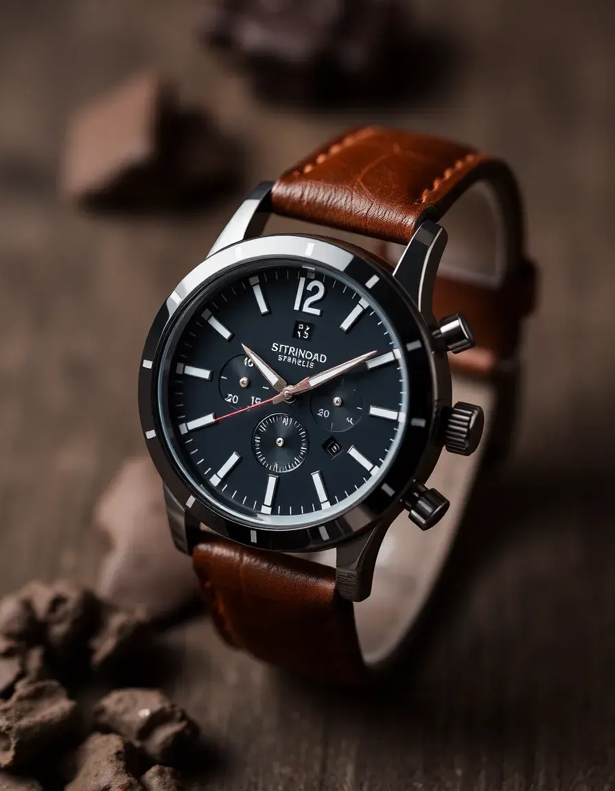 Montre sport homme avec bracelet cuir marron robuste