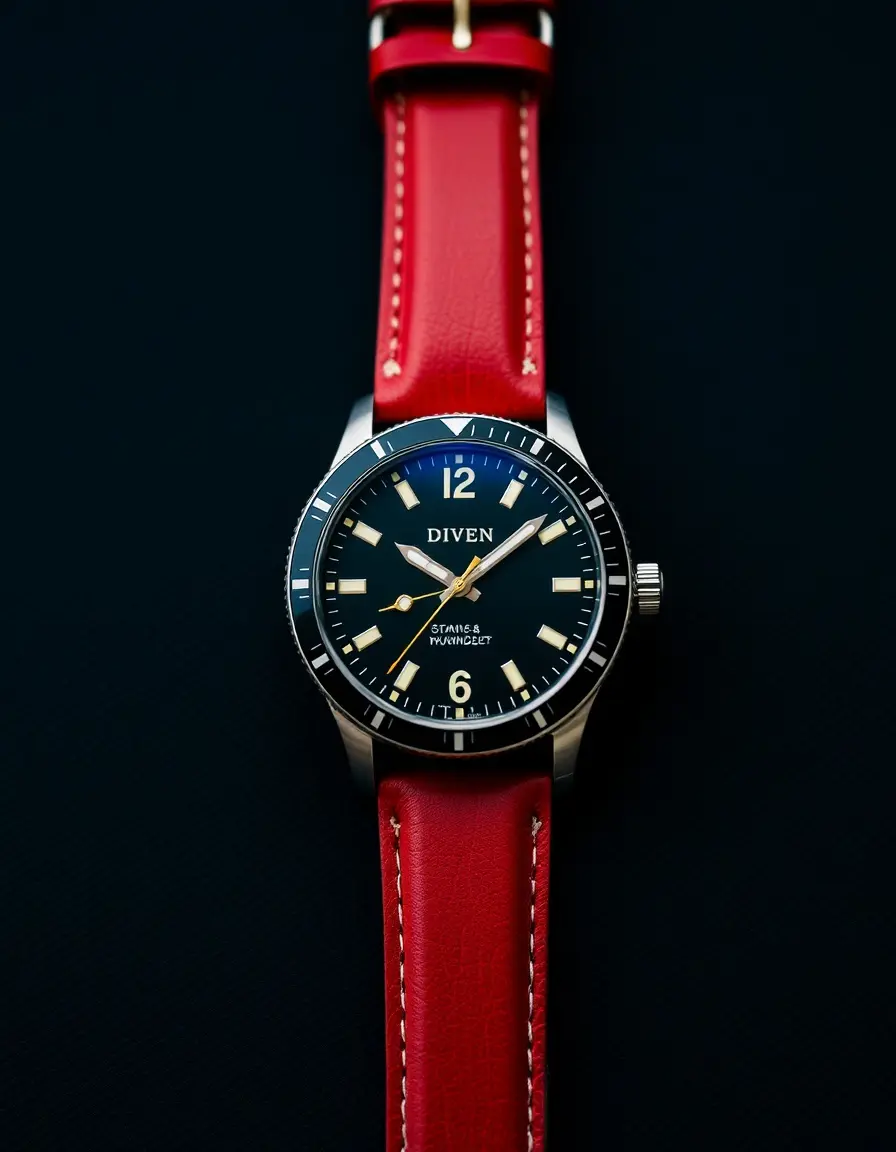 Montre style plongée avec bracelet cuir bordeaux