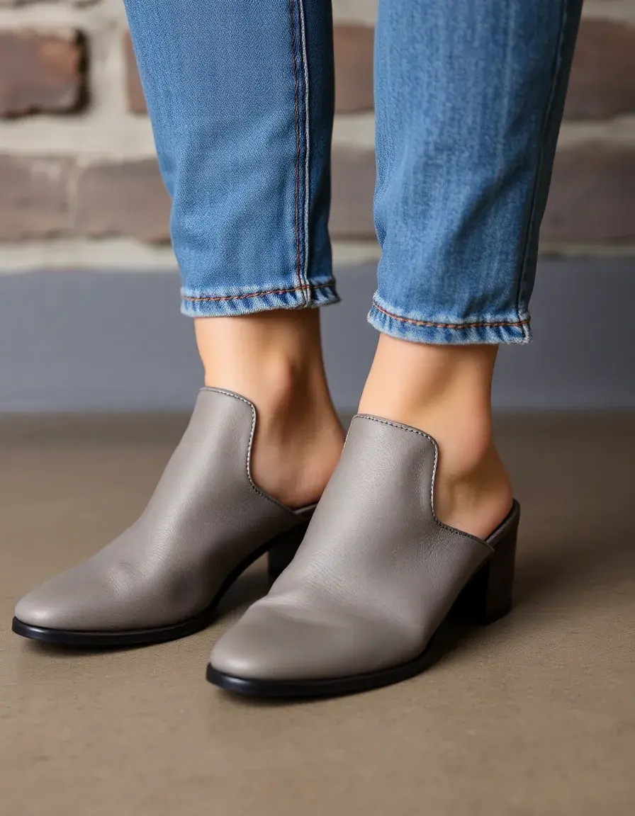 Mules en cuir gris minimalistes, style moderne et urbain