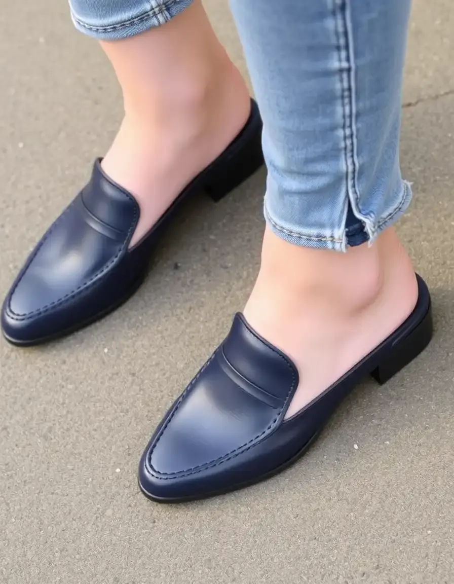 Mules casual en cuir bleu marine, idéales pour le quotidien