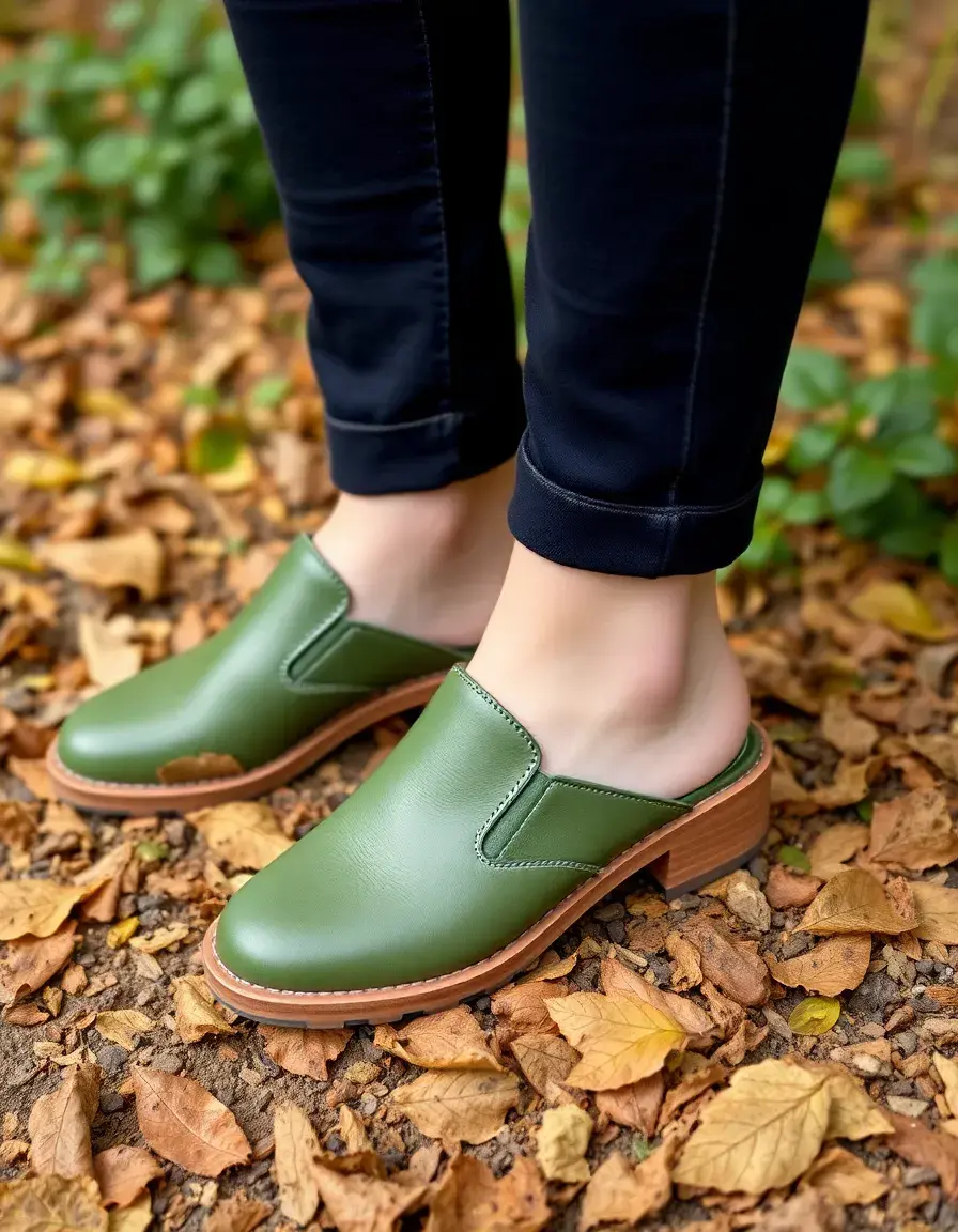 Mules en cuir vert forêt, robustes et élégantes