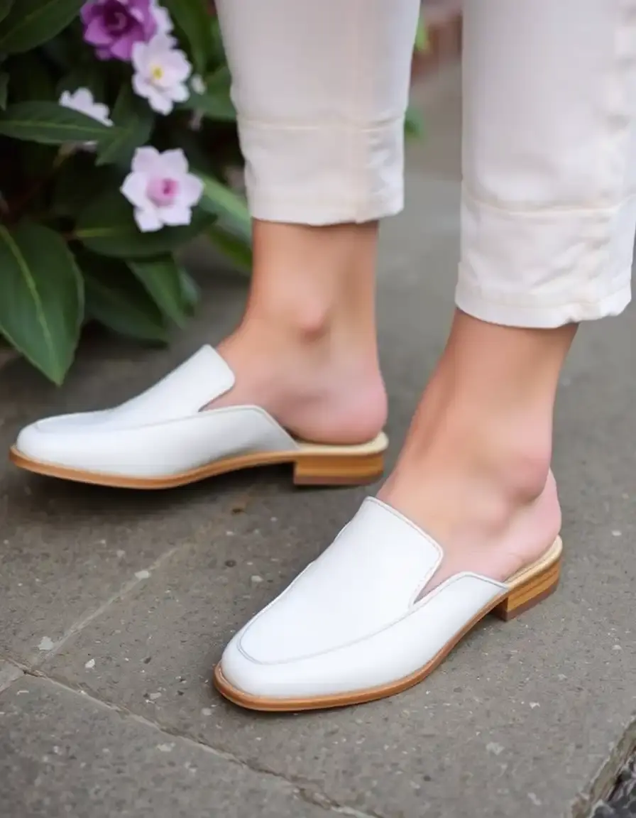 Mules d'été en cuir blanc, lumineuses et stylées