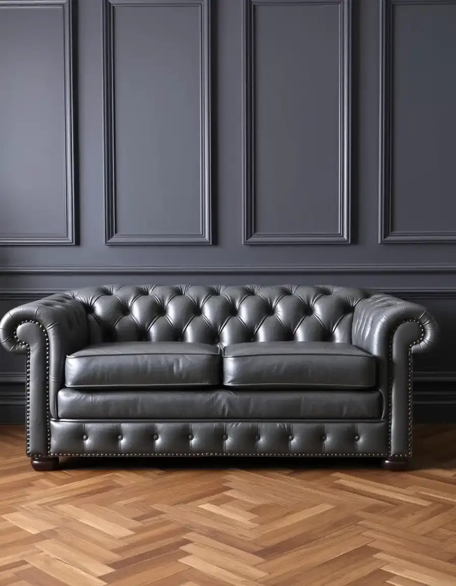 Canapé Chesterfield en cuir gris au design classique