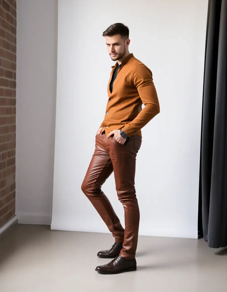Pantalon en cuir slim marron pour homme style moderne