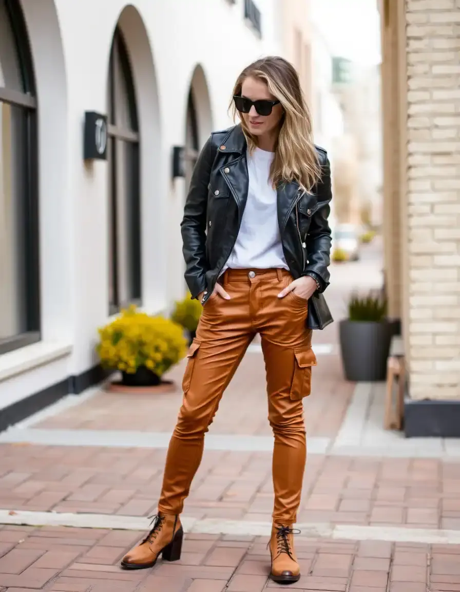 Pantalon cargo en cuir camel avec poches latérales