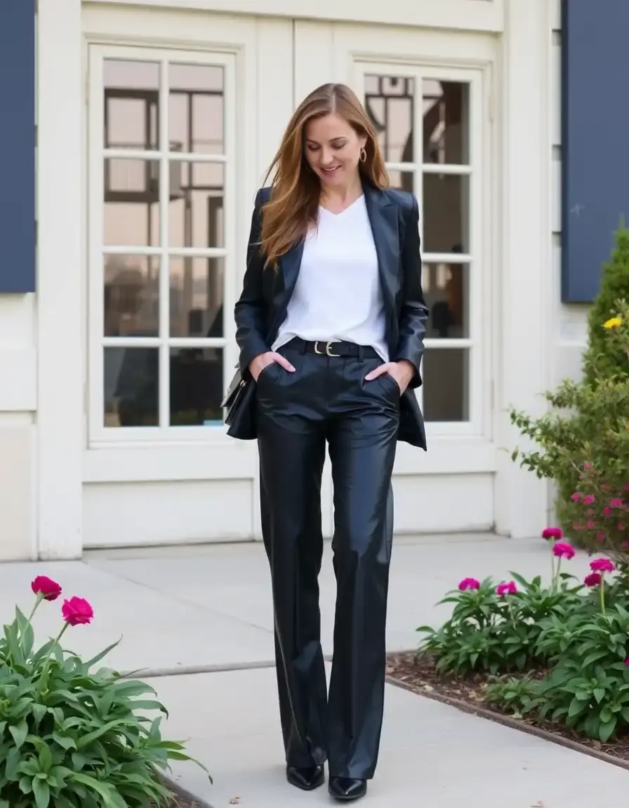 Pantalon large en cuir bleu marine