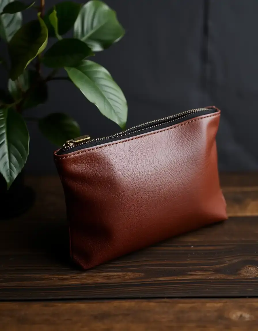 Pochette zippée marron en cuir véritable pour homme