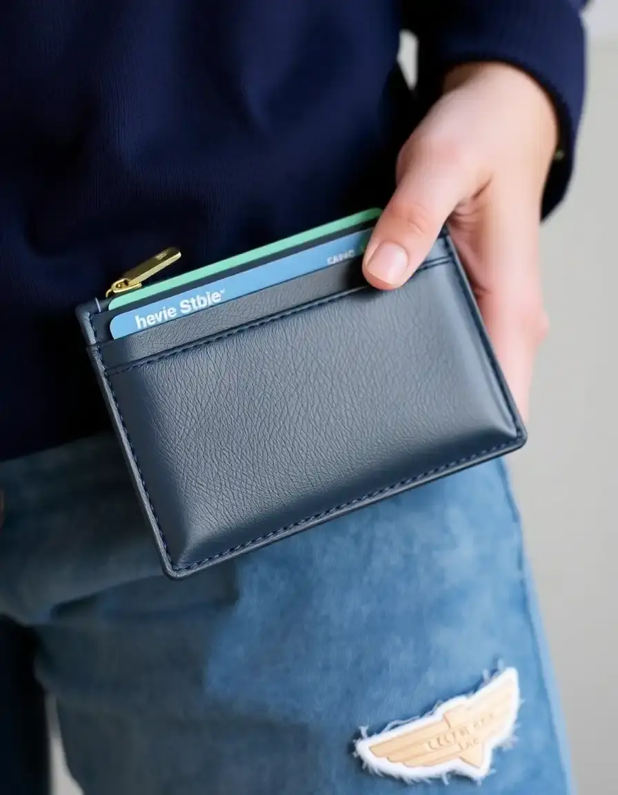Pochette porte-cartes fine en cuir bleu marine
