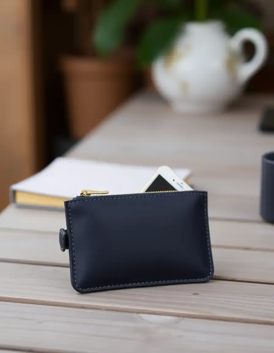 Petite pochette cuir marine pour téléphone